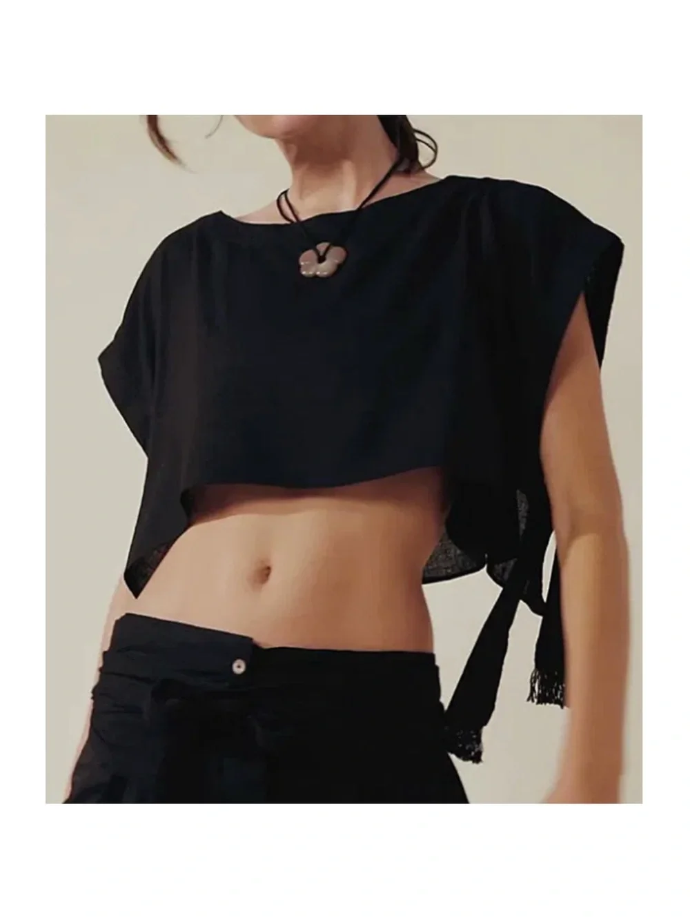 FREE PEOPLE CO-ORD BLACK SUNDOWN CROPPED OPEN SIDE TIE TOP XS